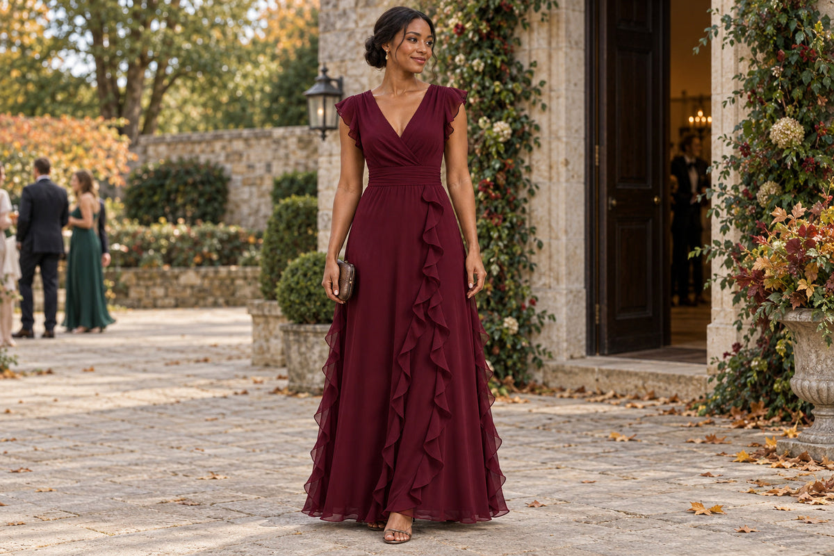Woman wearing a wine-red chiffon maxi dress with flutter sleeves and cascading ruffles at an autumn wedding venue.