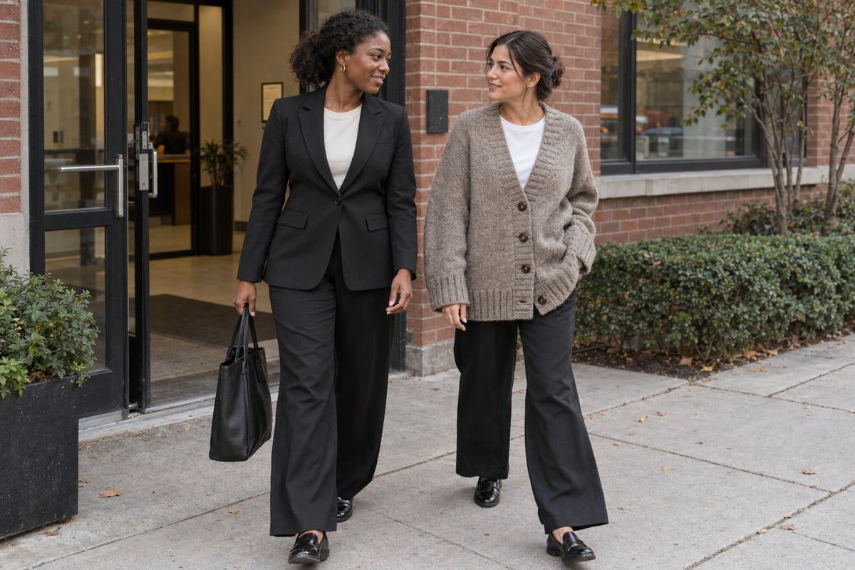 Two women in an office lobby wearing a black trouser suit and a taupe button-front cardigan with black wide-leg trousers.