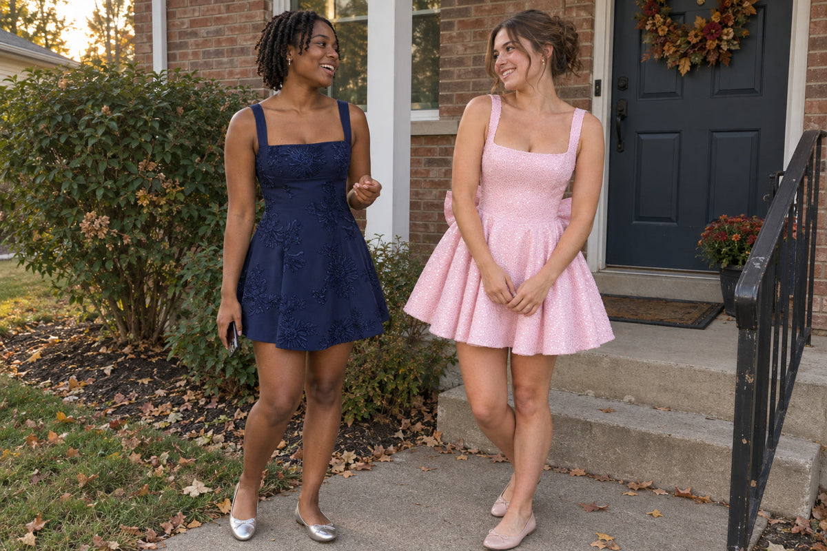 Two friends outside a house wearing a navy embroidered A-line dress and a pink sequin bow mini dress with flats.