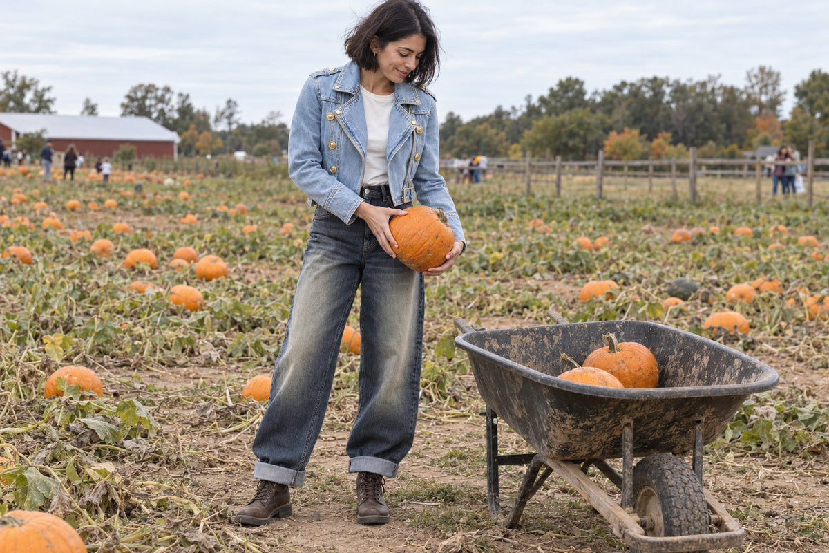 Woman at a pumpkin patch holding a pumpkin beside a wheelbarrow, wearing a cropped denim jacket, cuffed jeans and brown boots.