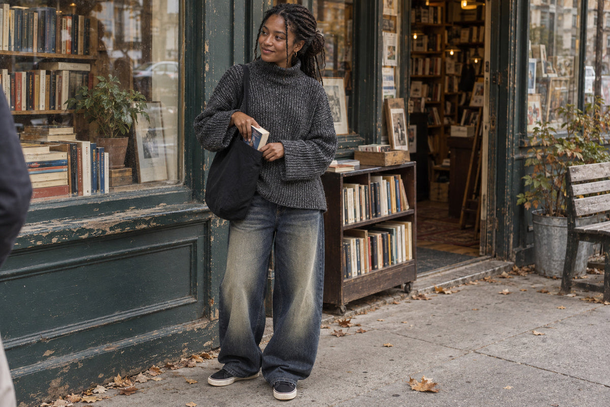 Woman outside a bookshop wearing a charcoal ribbed sweater, faded wide-leg blue jeans and black sneakers.