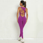 Yoga Jumpsuit – V‑Back Sleeveless Sportswear with Stretch Tights - Luxxella