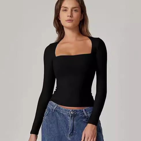 T-shirt pull moulant à manches longues et col carré pour femme