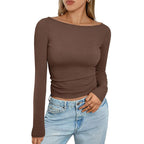 Slim Long‑Sleeve Crop Top – Solid Round Neck Casual Ribbed Shirt - Luxxella