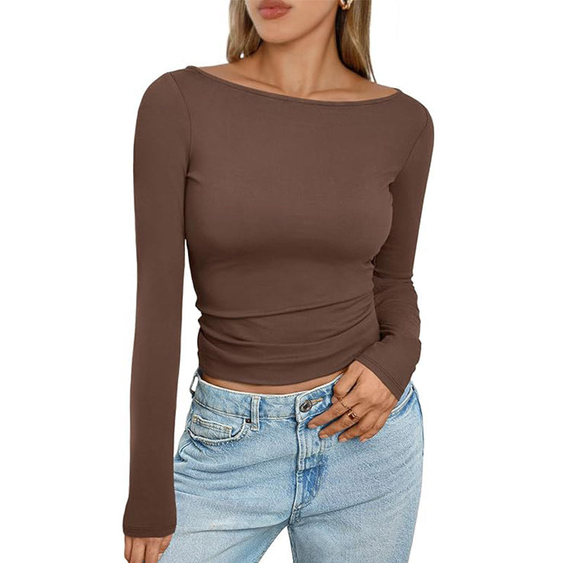 Slim Long‑Sleeve Crop Top – Solid Round Neck Casual Ribbed Shirt - Luxxella