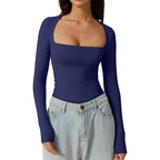 Square Neck Long Sleeve Slim Fit Pullover T‑Shirt