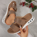 Rhinestone Wedge Slide Sandals – Comfortable Platform Open Toe Slides - Luxxella