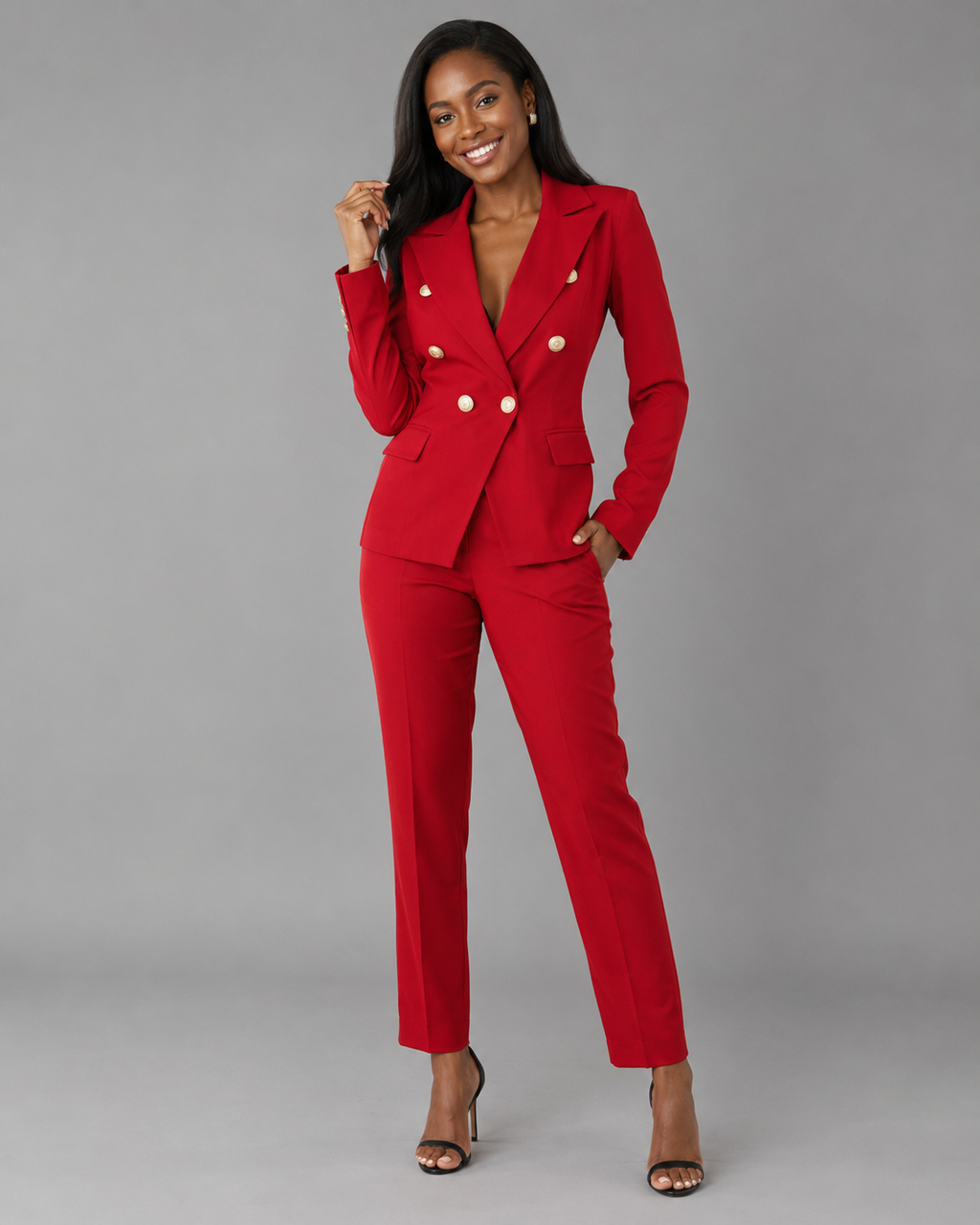2-Piece Business Pant Suit - Double-Breasted Button Blazer & Slim Trousers Set - Luxxella