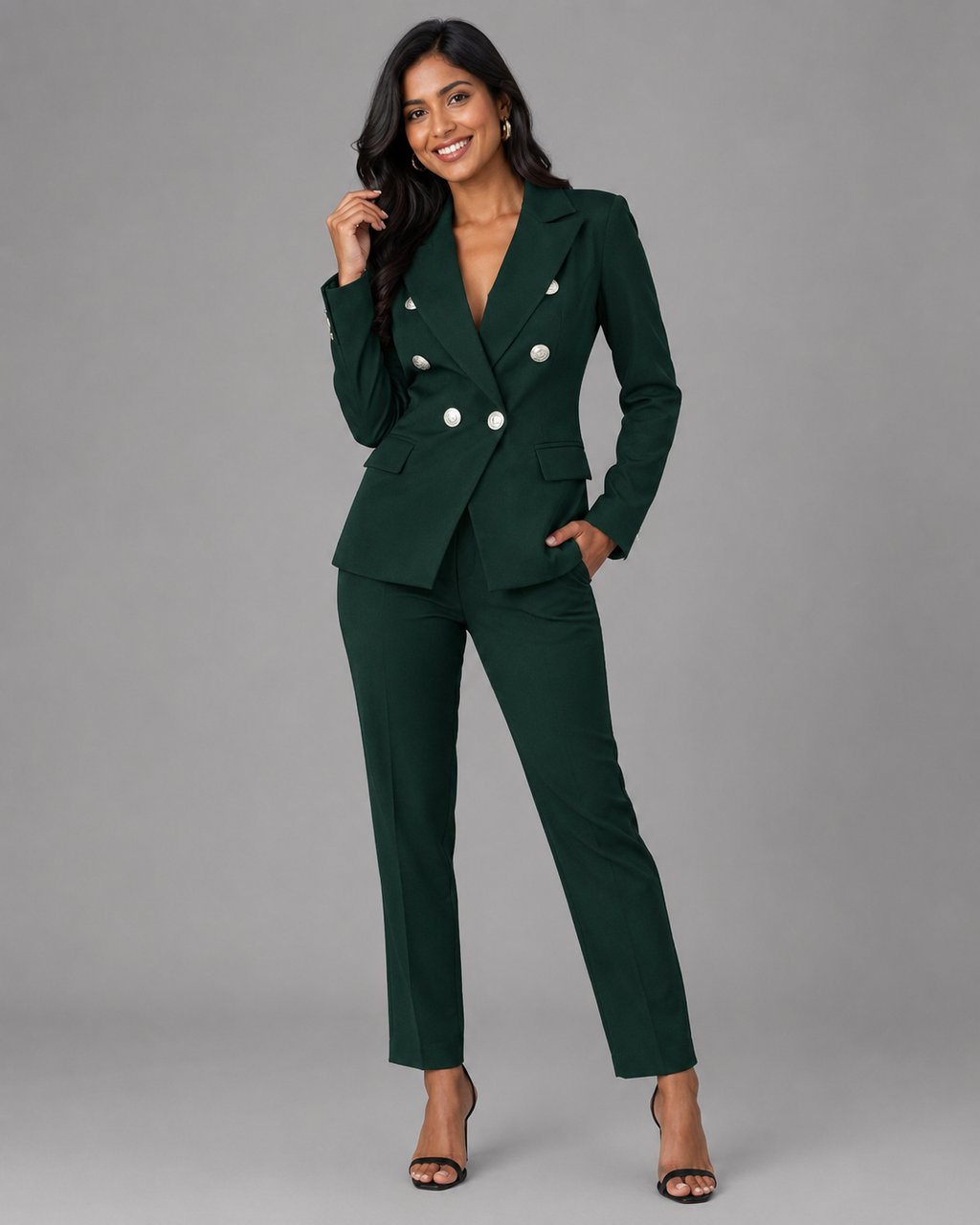 2-Piece Business Pant Suit - Double-Breasted Button Blazer & Slim Trousers Set - Luxxella