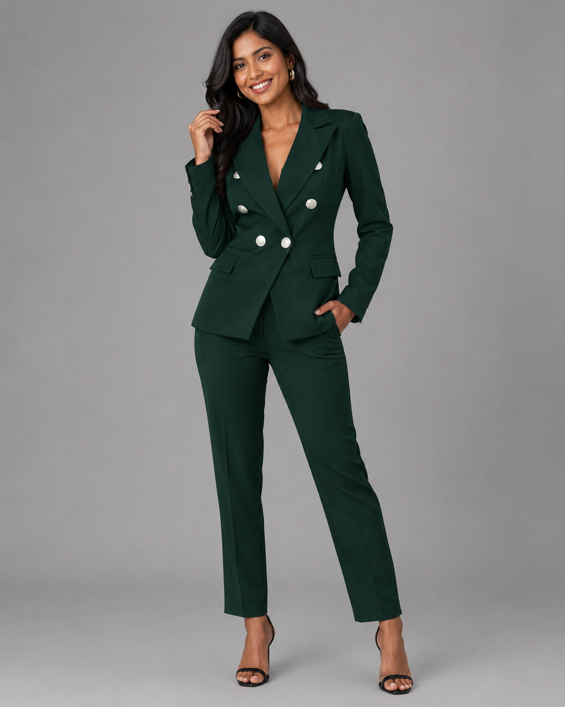2-Piece Business Pant Suit - Double-Breasted Button Blazer & Slim Trousers Set - Luxxella