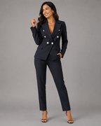 2-Piece Business Pant Suit - Double-Breasted Button Blazer & Slim Trousers Set - Luxxella