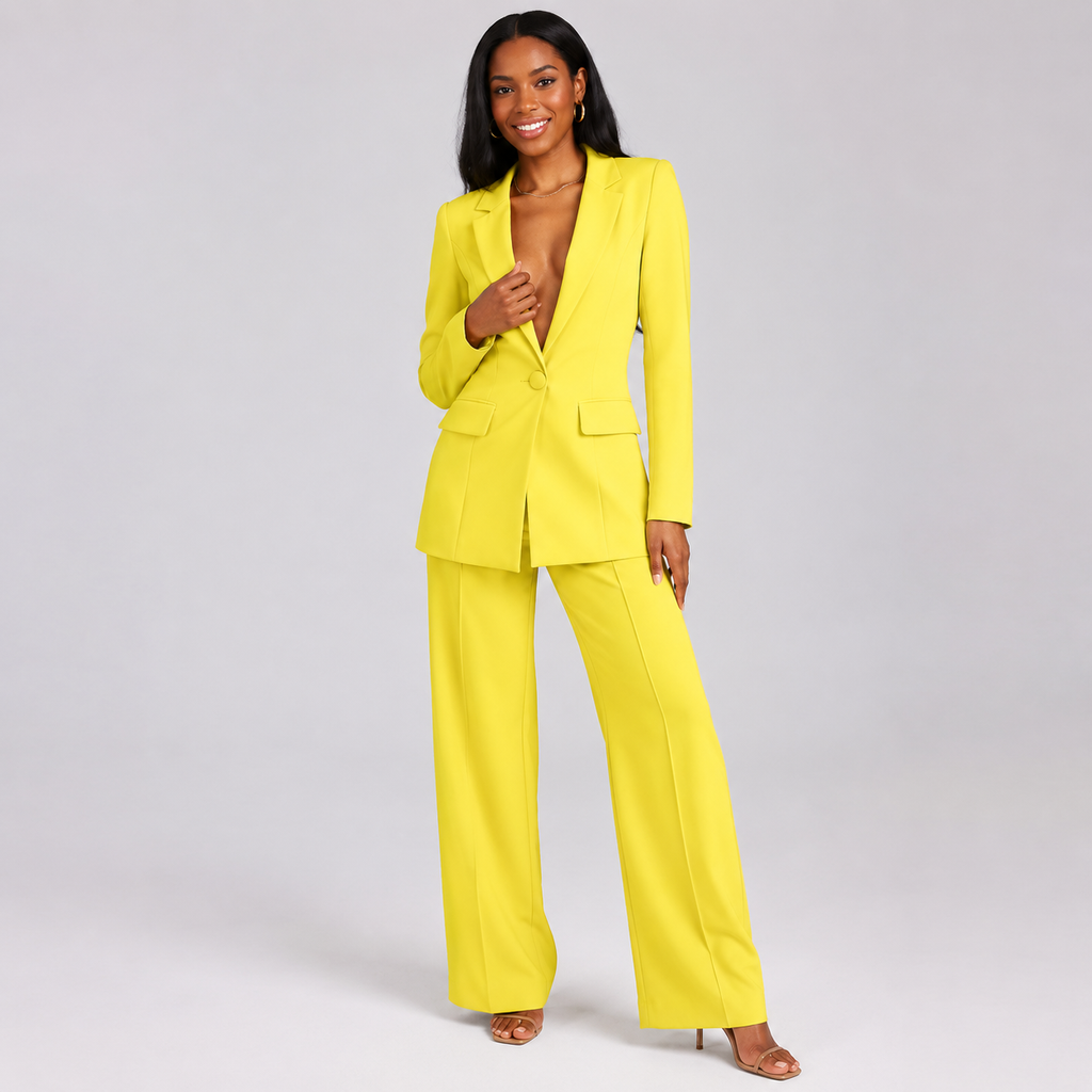 2-Piece Business Suit - Single Button Blazer Jacket & Wide Leg Trousers Set - Luxxella