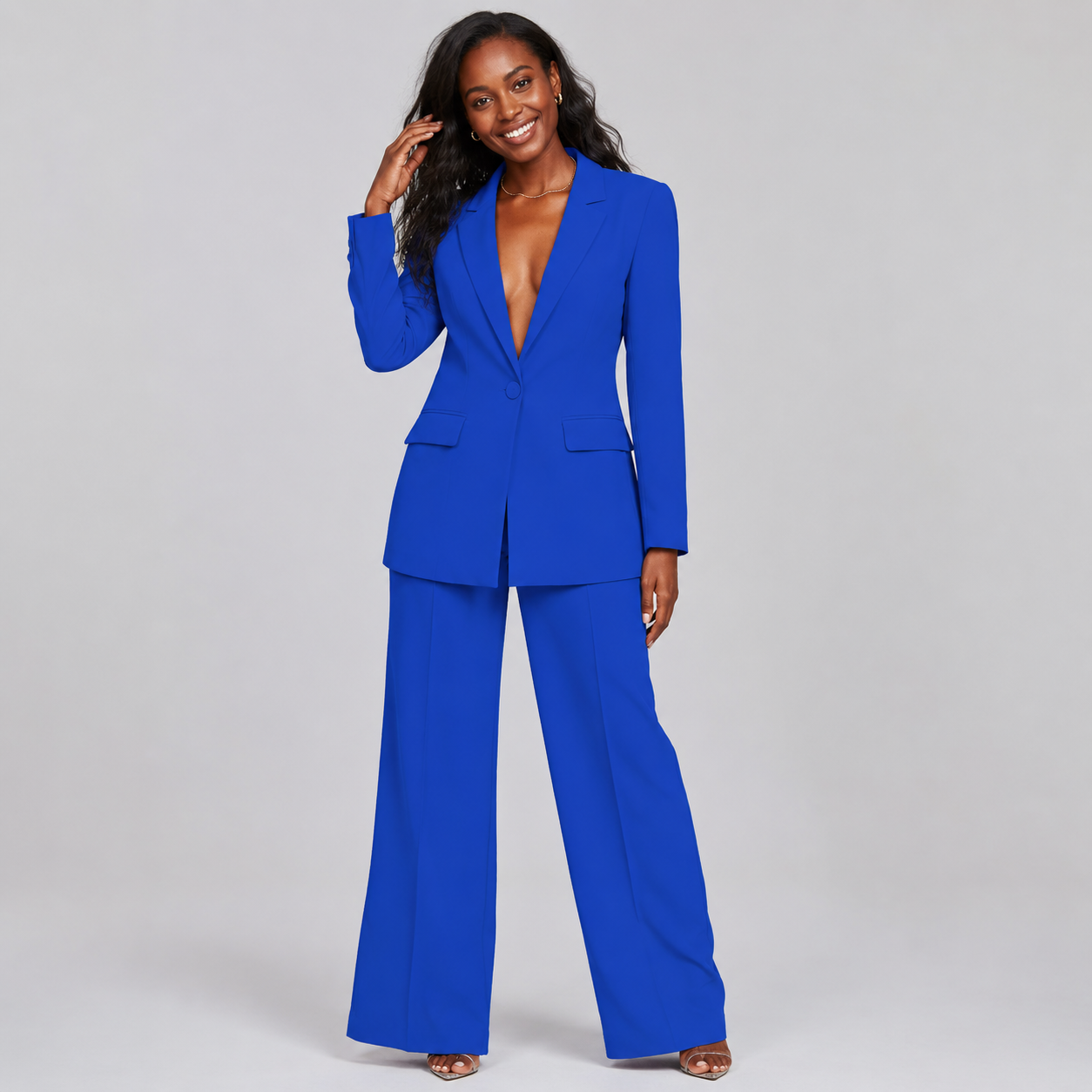 2-Piece Business Suit - Single Button Blazer Jacket & Wide Leg Trousers Set - Luxxella