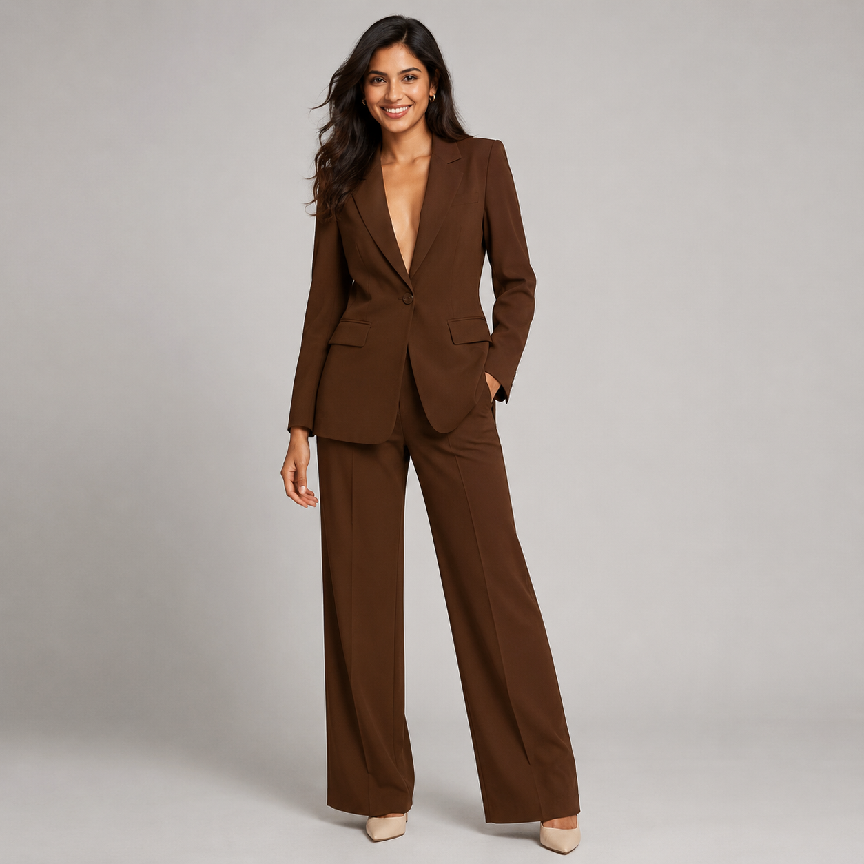2-Piece Business Suit - Single Button Blazer Jacket & Wide Leg Trousers Set - Luxxella