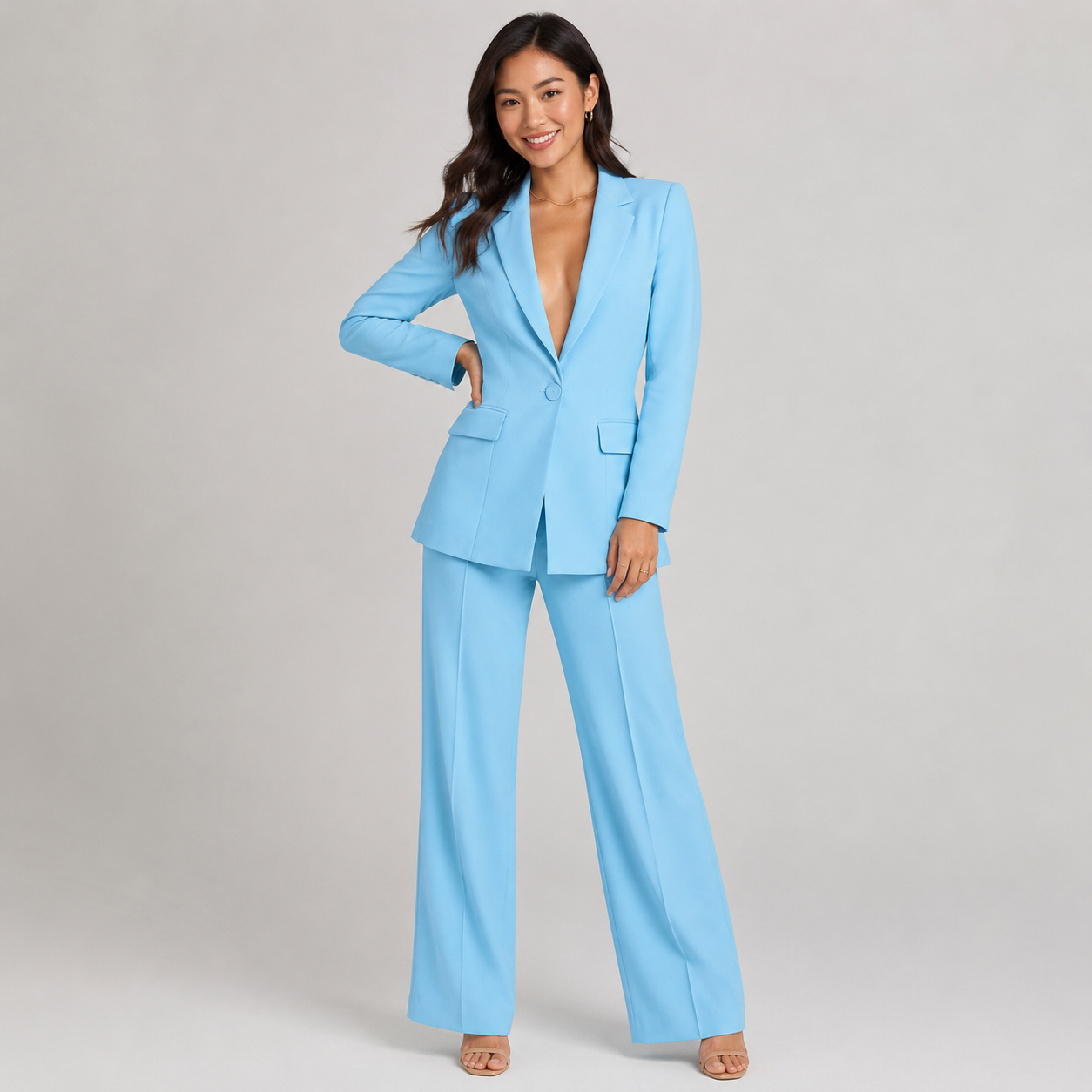 2-Piece Business Suit - Single Button Blazer Jacket & Wide Leg Trousers Set - Luxxella