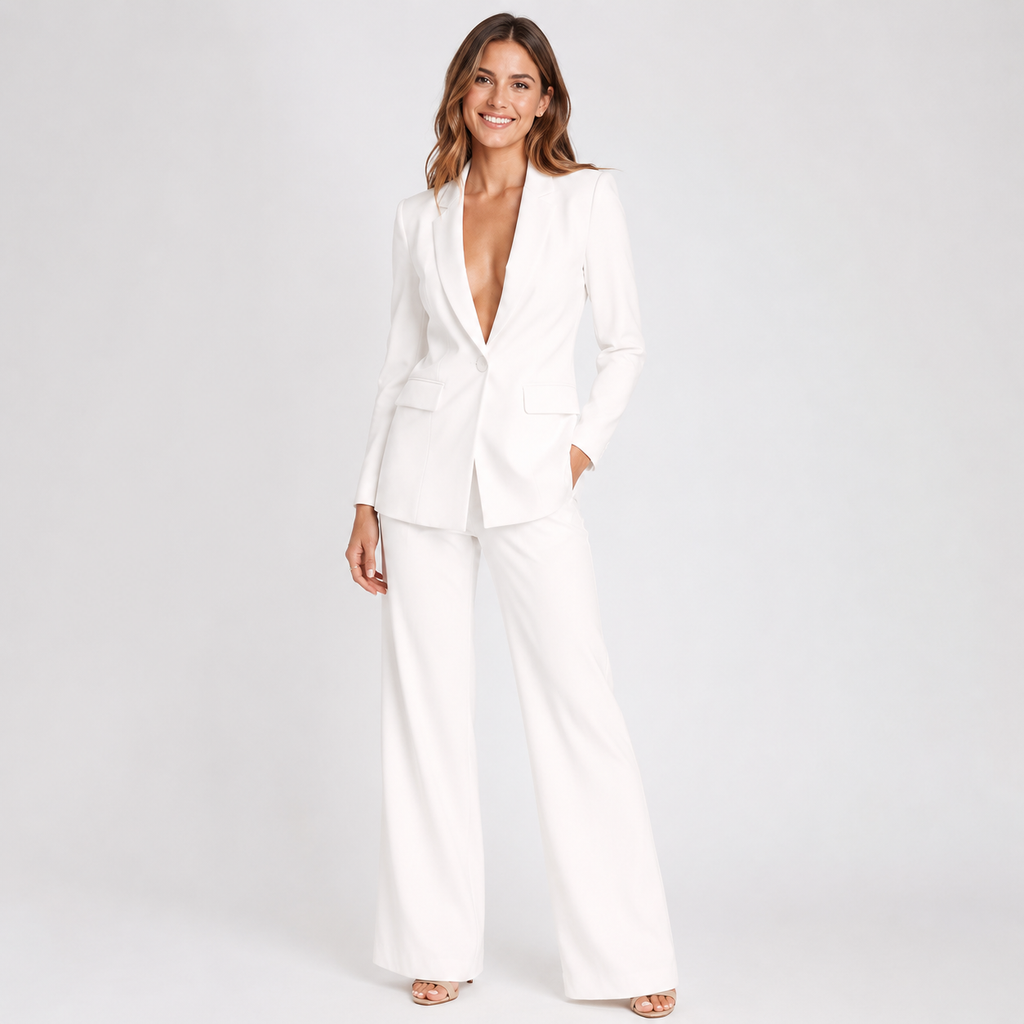 2-Piece Business Suit - Single Button Blazer Jacket & Wide Leg Trousers Set - Luxxella