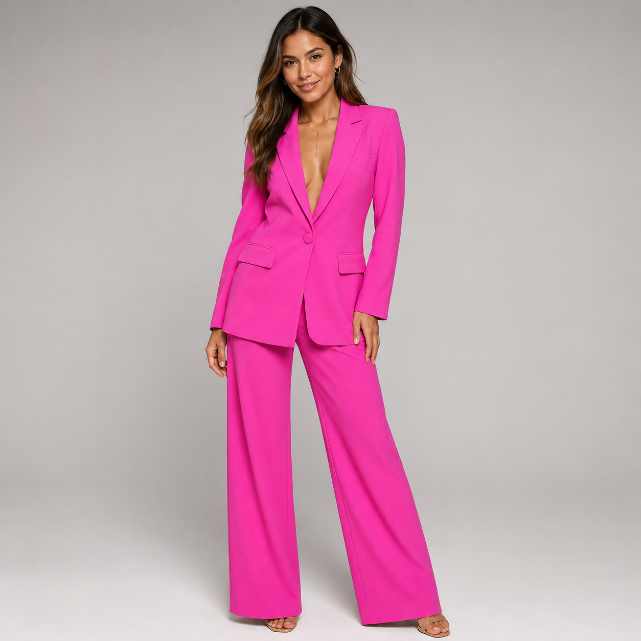 2-Piece Business Suit - Single Button Blazer Jacket & Wide Leg Trousers Set - Luxxella