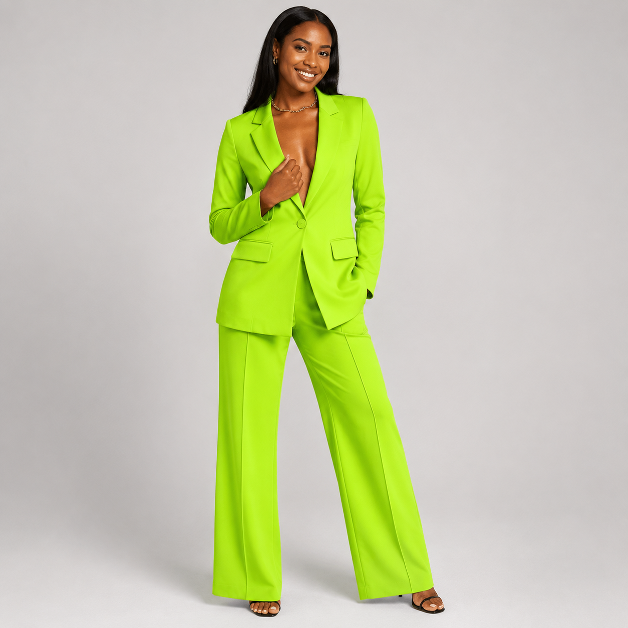 2-Piece Business Suit - Single Button Blazer Jacket & Wide Leg Trousers Set - Luxxella