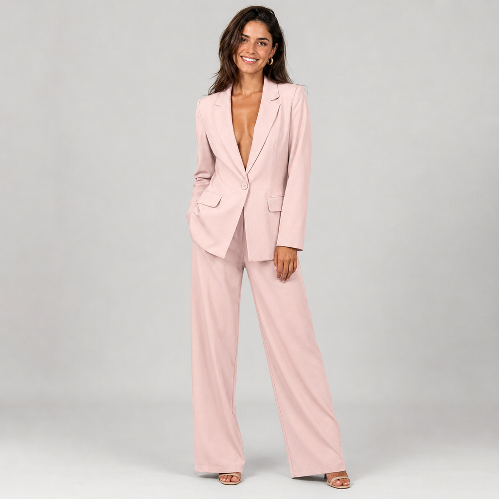 2-Piece Business Suit - Single Button Blazer Jacket & Wide Leg Trousers Set - Luxxella