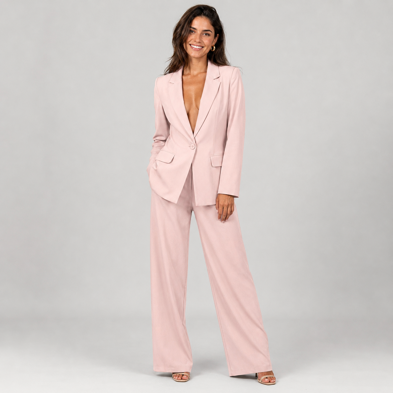 2-Piece Business Suit - Single Button Blazer Jacket & Wide Leg Trousers Set - Luxxella