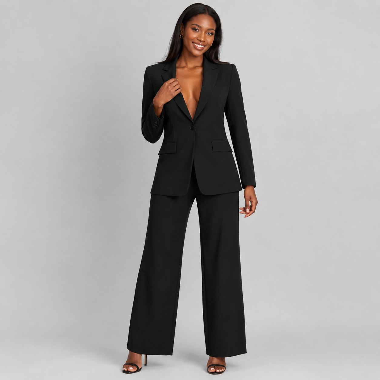 2-Piece Business Suit - Single Button Blazer Jacket & Wide Leg Trousers Set - Luxxella