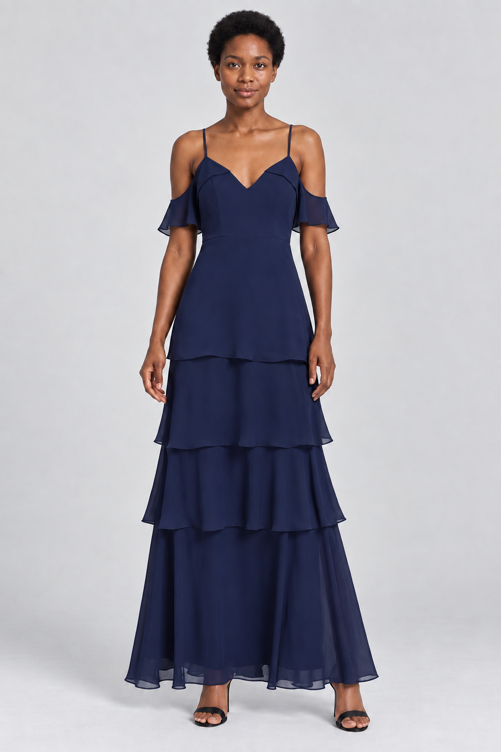 2-Piece Chiffon Bridesmaid Dress Sleeveless Crop Top and Tiered Ruffle Maxi Skirt Set Formal Evening Gown
