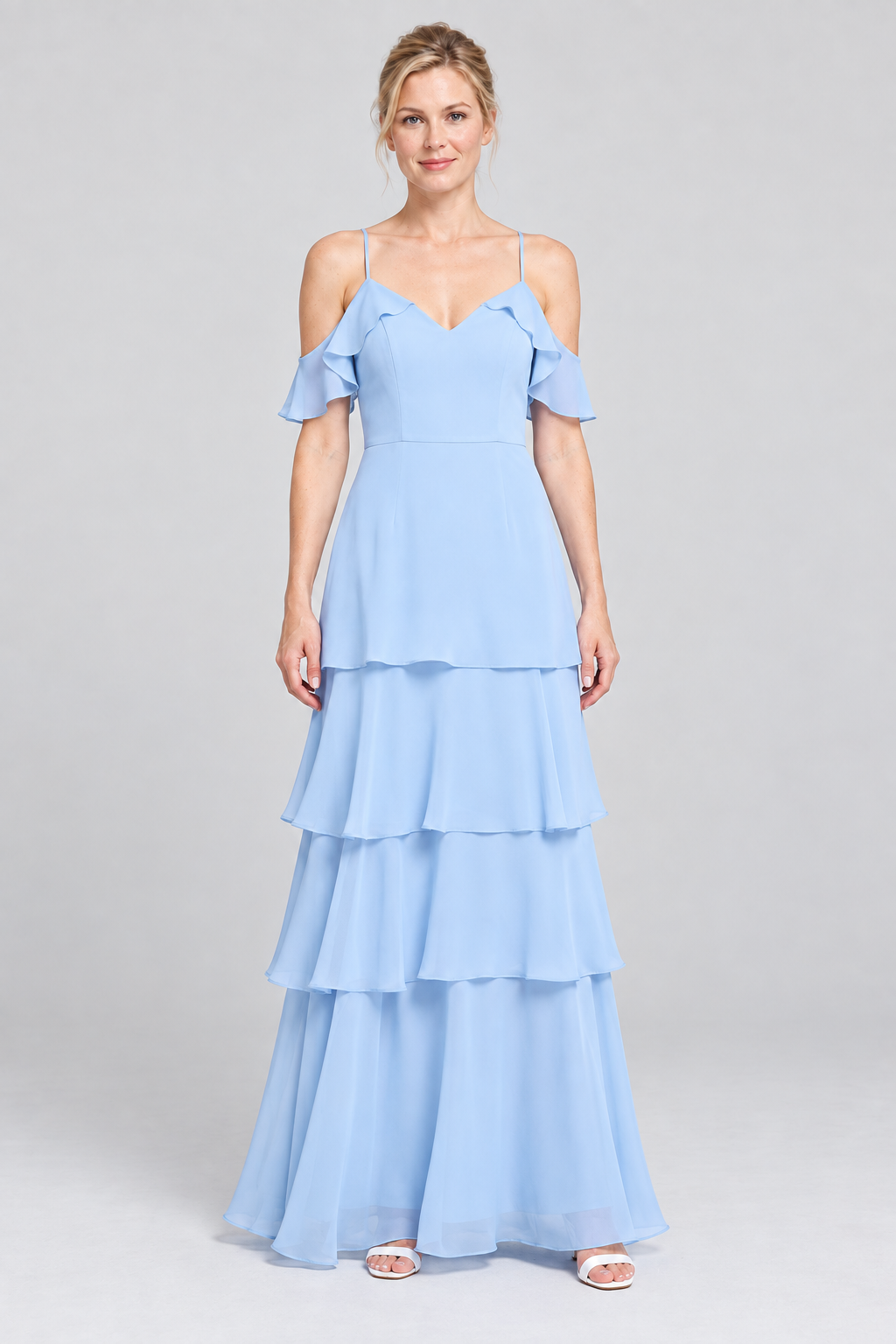 2-Piece Chiffon Bridesmaid Dress Sleeveless Crop Top and Tiered Ruffle Maxi Skirt Set Formal Evening Gown