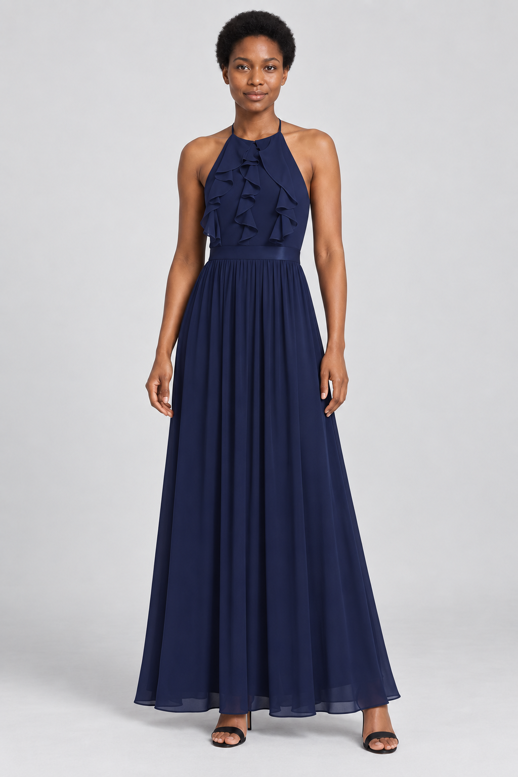 2-Piece Chiffon Bridesmaid Dress Sleeveless Crop Top and Tiered Ruffle Maxi Skirt Set Formal Evening Gown