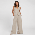 2-Piece Cotton Linen Matching Set - V-Neck Button-Down Vest & High-Waisted Wide-Leg Pants Suit - Luxxella