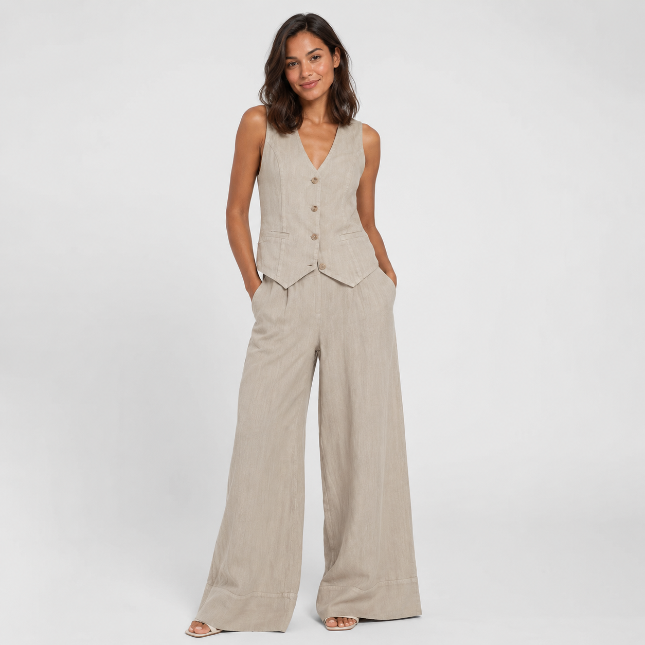 2-Piece Cotton Linen Matching Set - V-Neck Button-Down Vest & High-Waisted Wide-Leg Pants Suit - Luxxella
