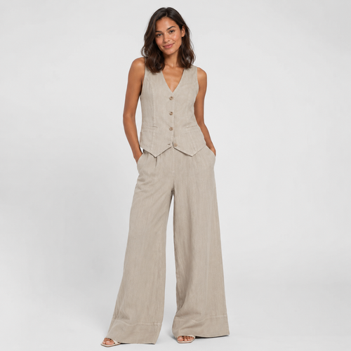 2-Piece Cotton Linen Matching Set - V-Neck Button-Down Vest & High-Waisted Wide-Leg Pants Suit - Luxxella