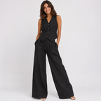 2-Piece Cotton Linen Matching Set - V-Neck Button-Down Vest & High-Waisted Wide-Leg Pants Suit - Luxxella