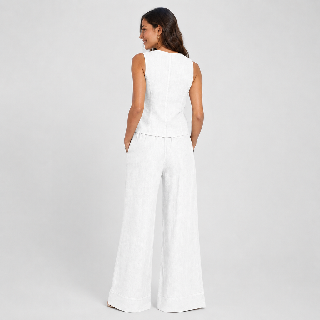 2-Piece Cotton Linen Matching Set - V-Neck Button-Down Vest & High-Waisted Wide-Leg Pants Suit - Luxxella