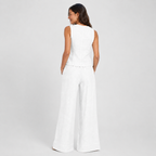 2-Piece Cotton Linen Matching Set - V-Neck Button-Down Vest & High-Waisted Wide-Leg Pants Suit - Luxxella