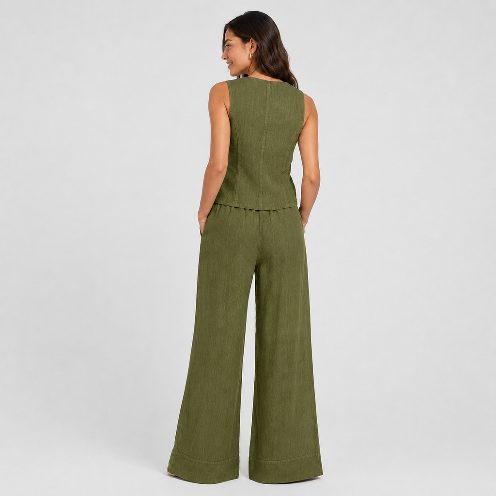 2-Piece Cotton Linen Matching Set - V-Neck Button-Down Vest & High-Waisted Wide-Leg Pants Suit - Luxxella