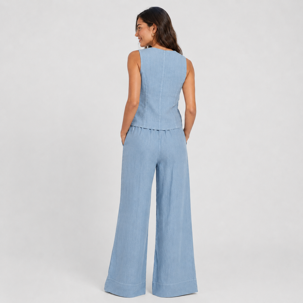 2-Piece Cotton Linen Matching Set - V-Neck Button-Down Vest & High-Waisted Wide-Leg Pants Suit - Luxxella