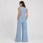 2-Piece Cotton Linen Matching Set - V-Neck Button-Down Vest & High-Waisted Wide-Leg Pants Suit - Luxxella