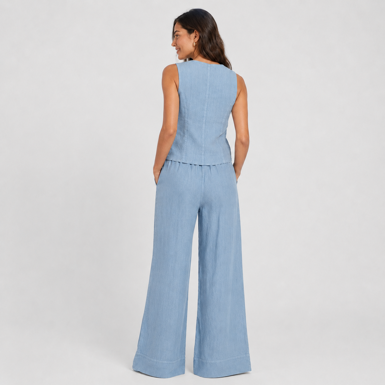 2-Piece Cotton Linen Matching Set - V-Neck Button-Down Vest & High-Waisted Wide-Leg Pants Suit - Luxxella