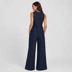 2-Piece Cotton Linen Matching Set - V-Neck Button-Down Vest & High-Waisted Wide-Leg Pants Suit - Luxxella