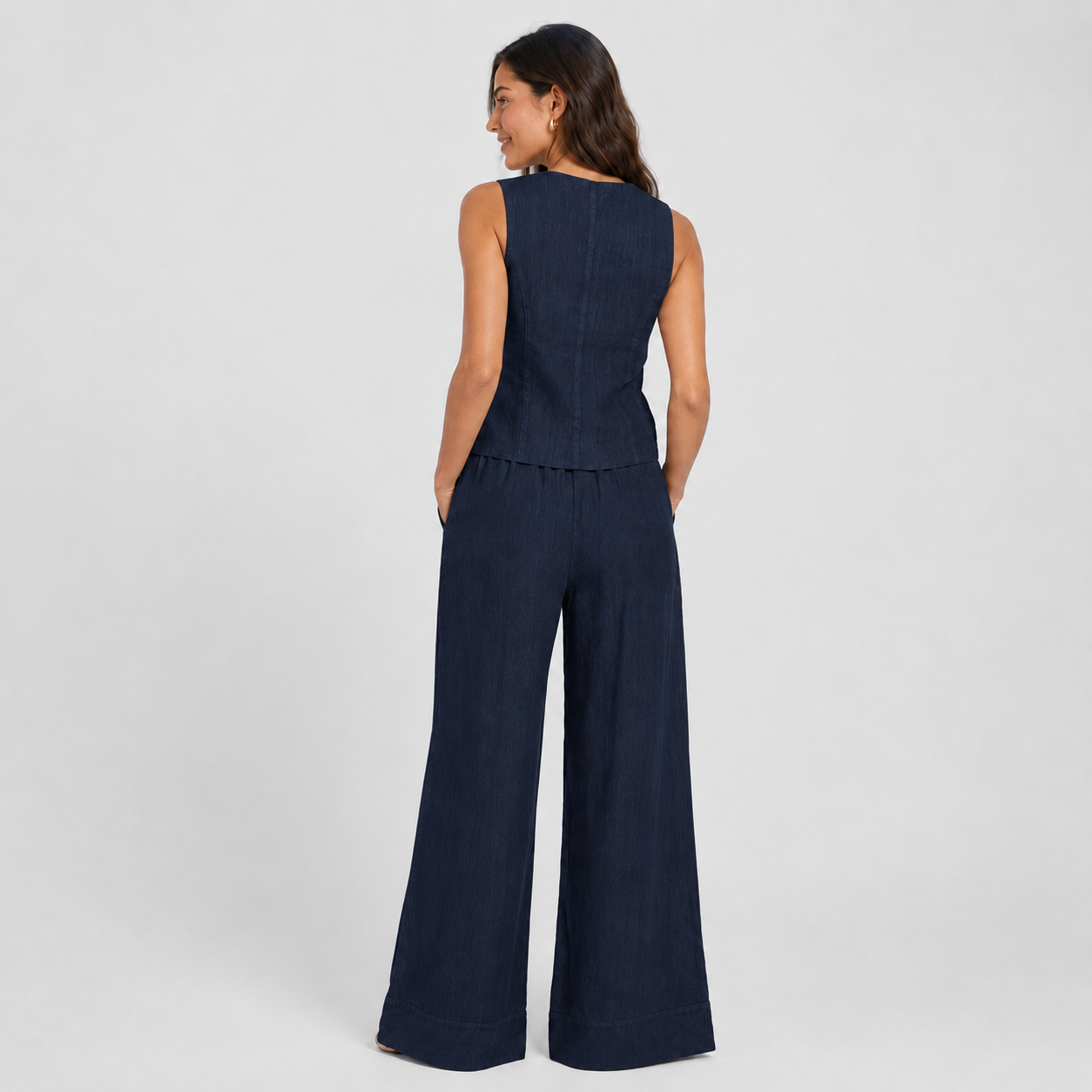 2-Piece Cotton Linen Matching Set - V-Neck Button-Down Vest & High-Waisted Wide-Leg Pants Suit - Luxxella