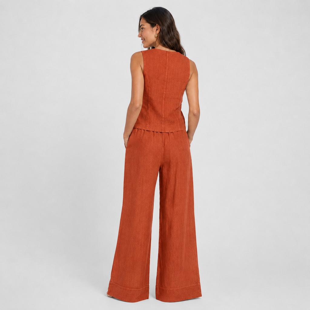 2-Piece Cotton Linen Matching Set - V-Neck Button-Down Vest & High-Waisted Wide-Leg Pants Suit - Luxxella