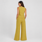 2-Piece Cotton Linen Matching Set - V-Neck Button-Down Vest & High-Waisted Wide-Leg Pants Suit - Luxxella