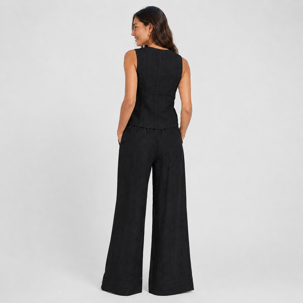 2-Piece Cotton Linen Matching Set - V-Neck Button-Down Vest & High-Waisted Wide-Leg Pants Suit - Luxxella