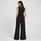 2-Piece Cotton Linen Matching Set - V-Neck Button-Down Vest & High-Waisted Wide-Leg Pants Suit - Luxxella