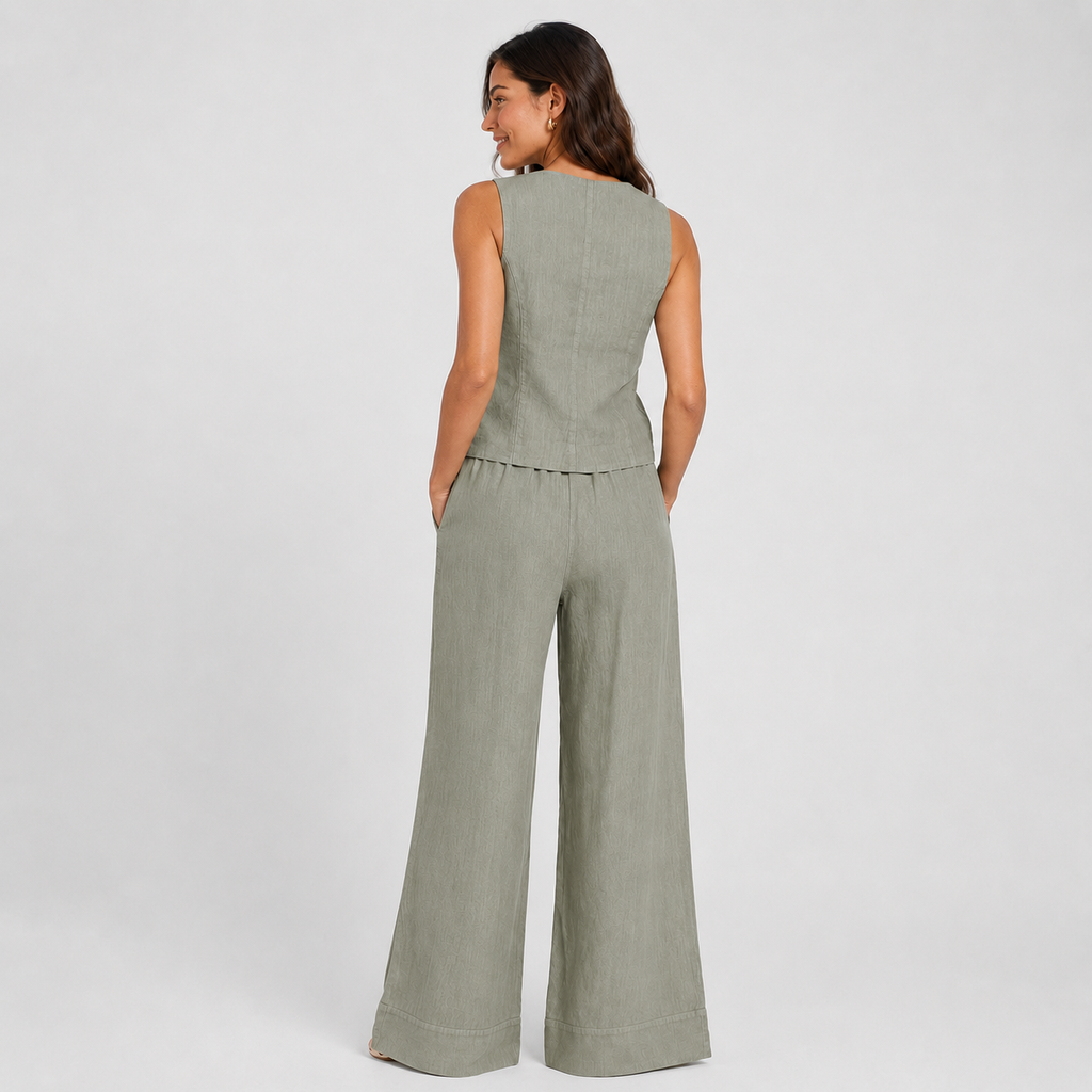 2-Piece Cotton Linen Matching Set - V-Neck Button-Down Vest & High-Waisted Wide-Leg Pants Suit - Luxxella