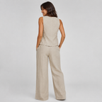 2-Piece Cotton Linen Matching Set - V-Neck Button-Down Vest & High-Waisted Wide-Leg Pants Suit - Luxxella