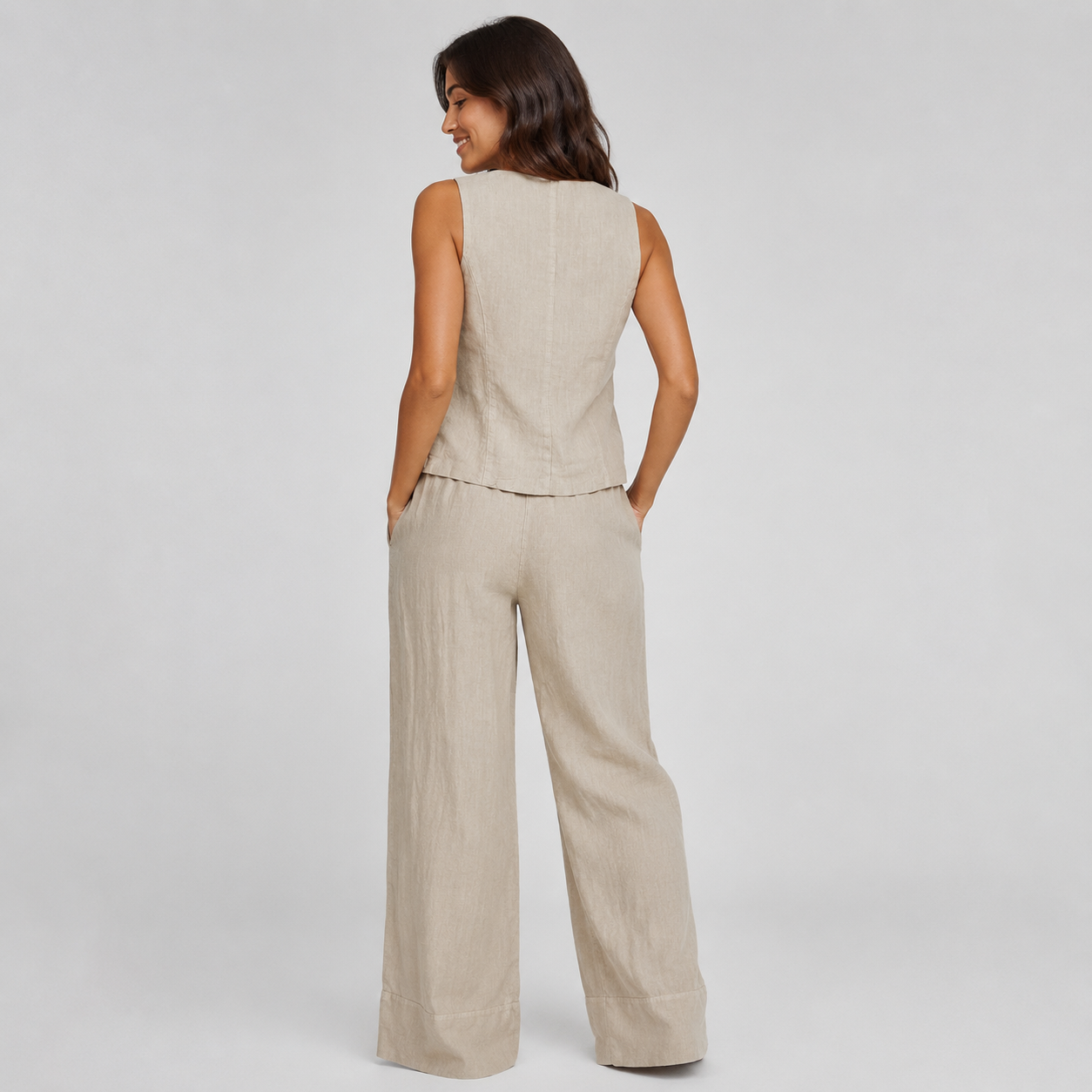 2-Piece Cotton Linen Matching Set - V-Neck Button-Down Vest & High-Waisted Wide-Leg Pants Suit - Luxxella