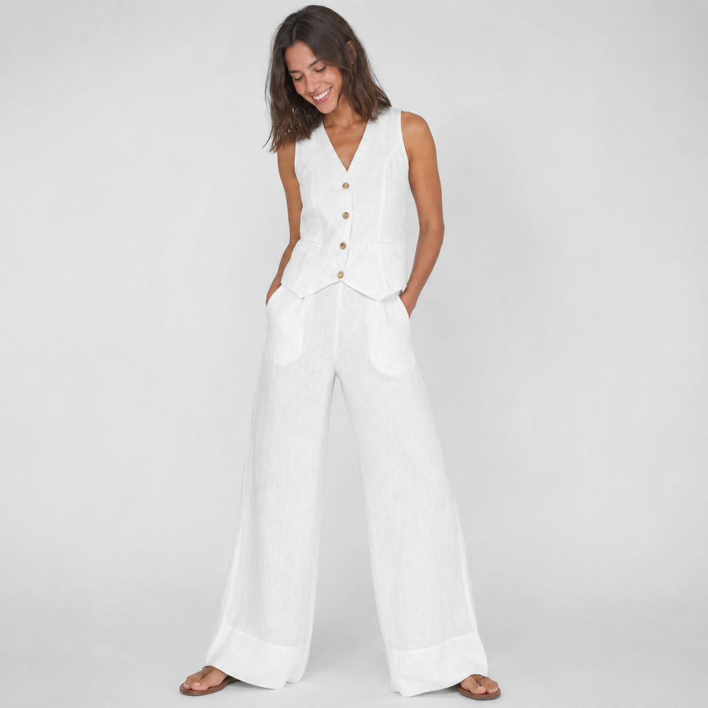 2-Piece Cotton Linen Matching Set - V-Neck Button-Down Vest & High-Waisted Wide-Leg Pants Suit - Luxxella