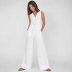 2-Piece Cotton Linen Matching Set - V-Neck Button-Down Vest & High-Waisted Wide-Leg Pants Suit - Luxxella