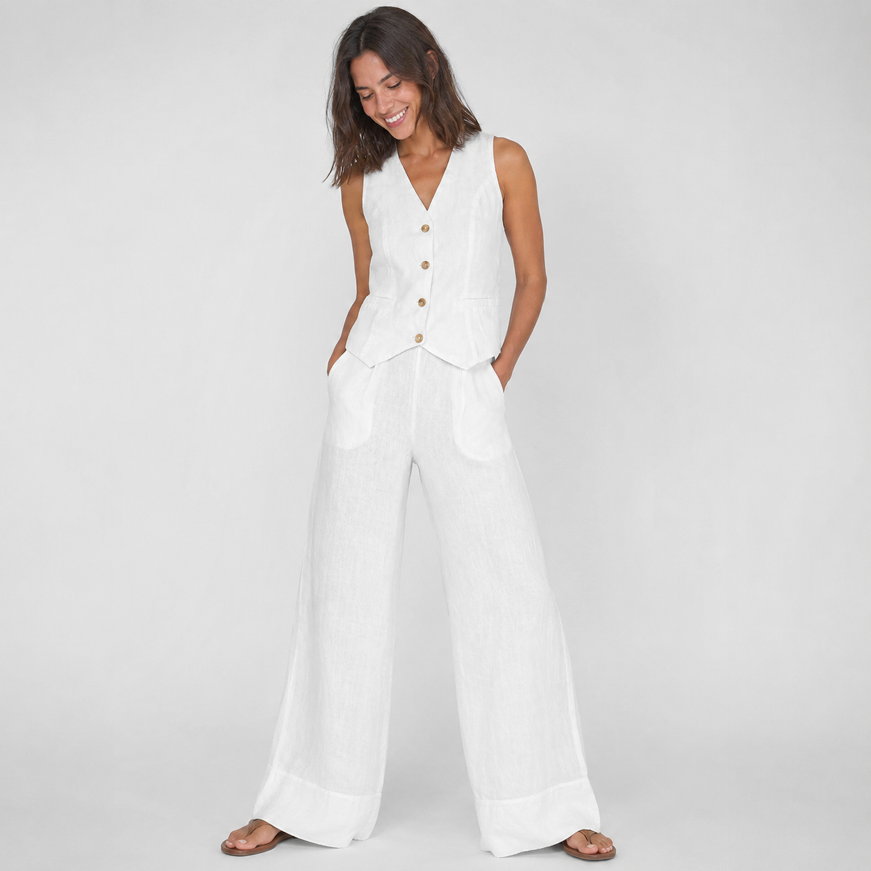 2-Piece Cotton Linen Matching Set - V-Neck Button-Down Vest & High-Waisted Wide-Leg Pants Suit - Luxxella